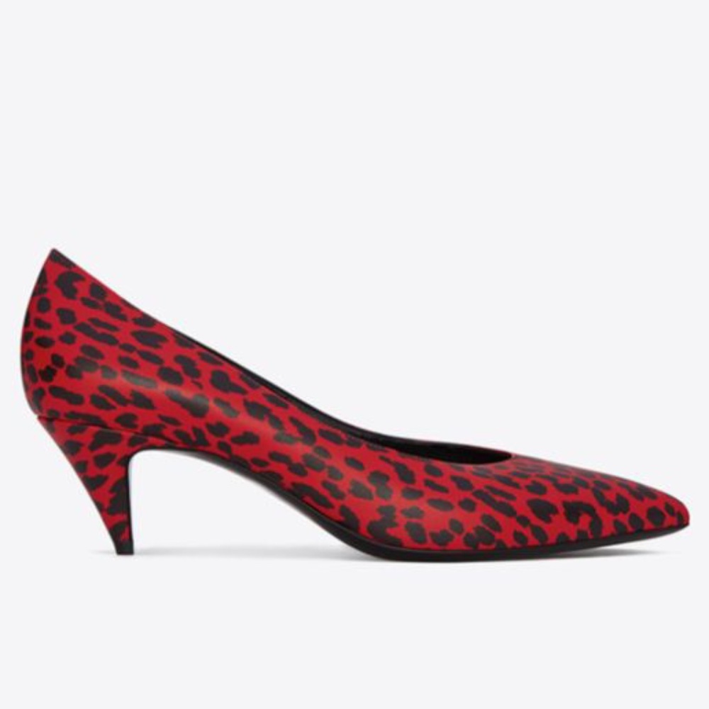 SAINT LAURENT YSL Babycat Leopard Kitten 50 Leather Pumps Vermillion Red Size 37